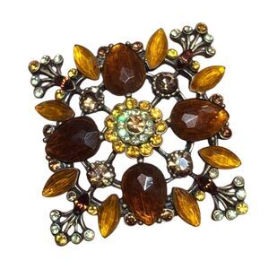 Vintage Amber Brown Cut Glass Rhinestone Brooch – 2.5" Statement Pin